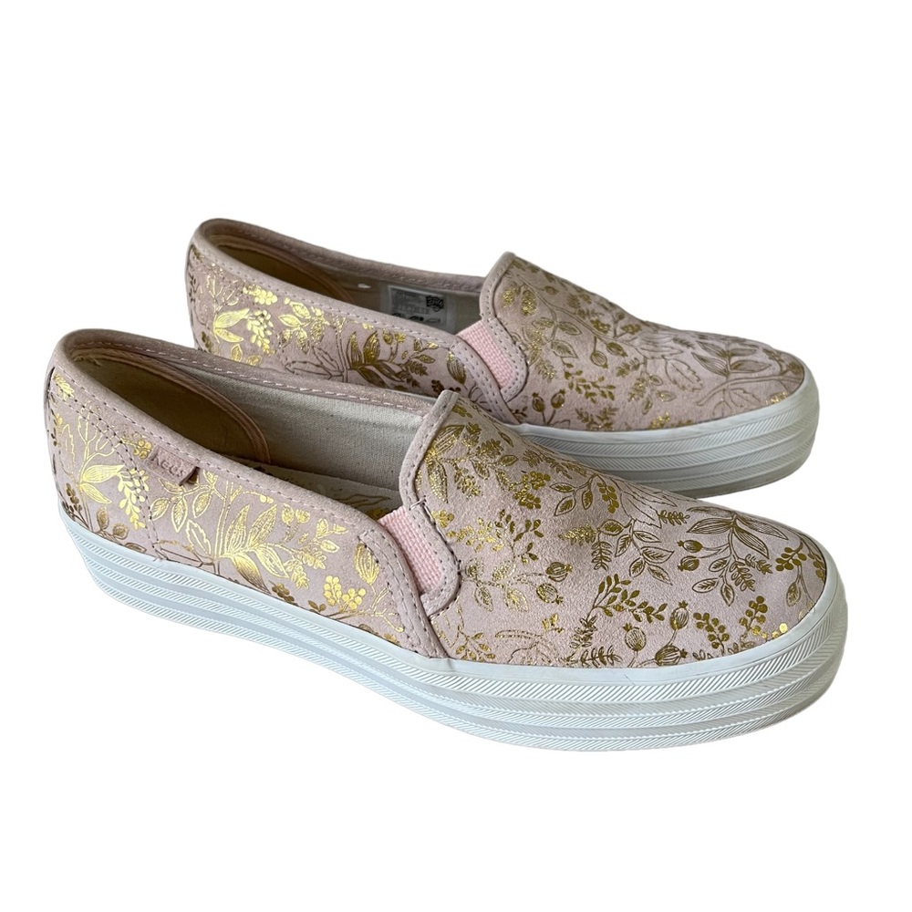 Keds Rifle Paper Co Triple Decker Blush Gold Leather Floral Sneakers